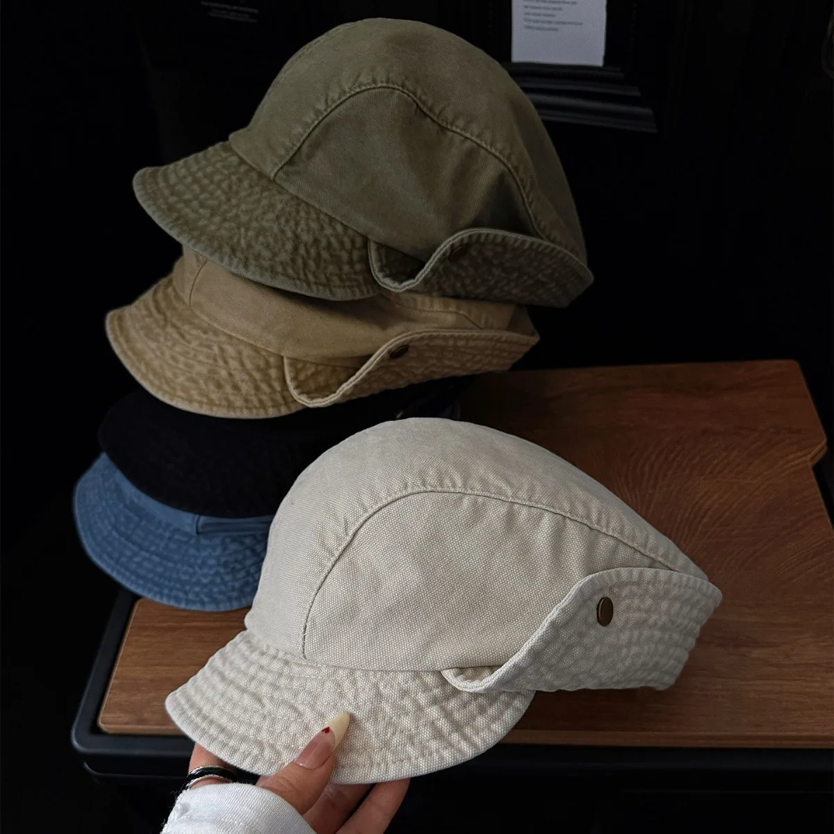 New Model Retro Flip Up Button Washed Denim Fisherman Cap Woman's Fashionable Tidal Current Versatile Large Brim Sun Shading Hat