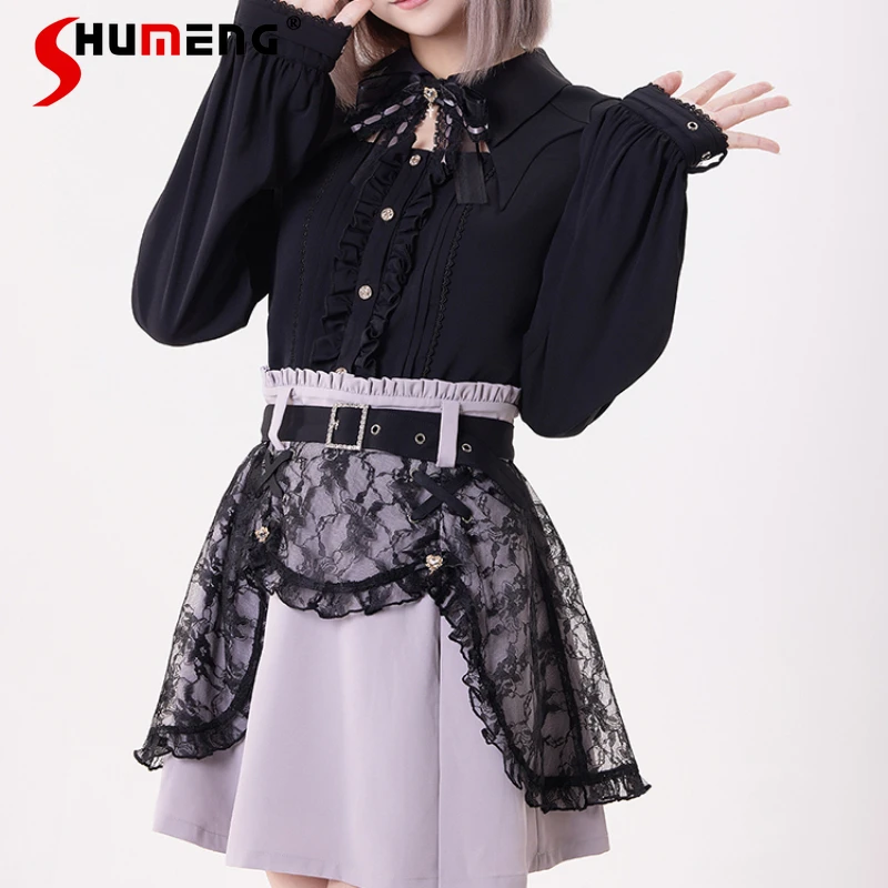 

Japanese Style Cute Lace Drill Buckle Black Skirt 2024 Summer New Harajuku Sweet Woman Bandage Belt Double Layer Short Skirts