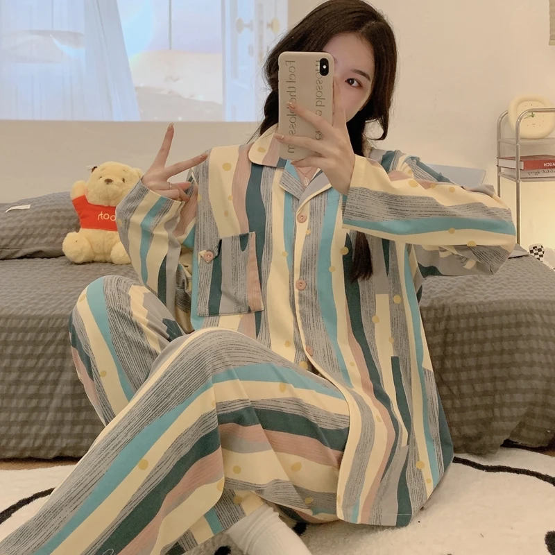 Large size household clothes Spring and autumn cotton like cardigan lapel long sleeve suit pajamas for women Korean casual