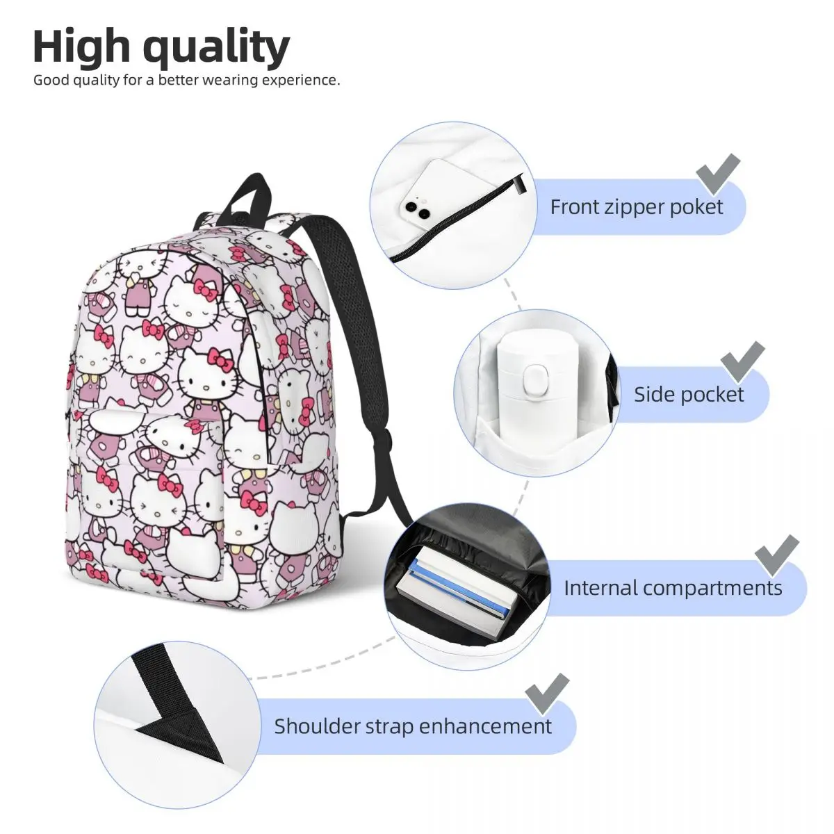 Hello Kitty Pattern for Teens Student School Bookbag Kawaii Cartoon Daypack Middle High College Durable