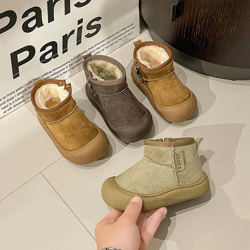Children Winter Snow Boots Baby Cow Suede Upper Warm Boots With Thick Plush Boys Girls High-top Snow Boots For Cold Weather