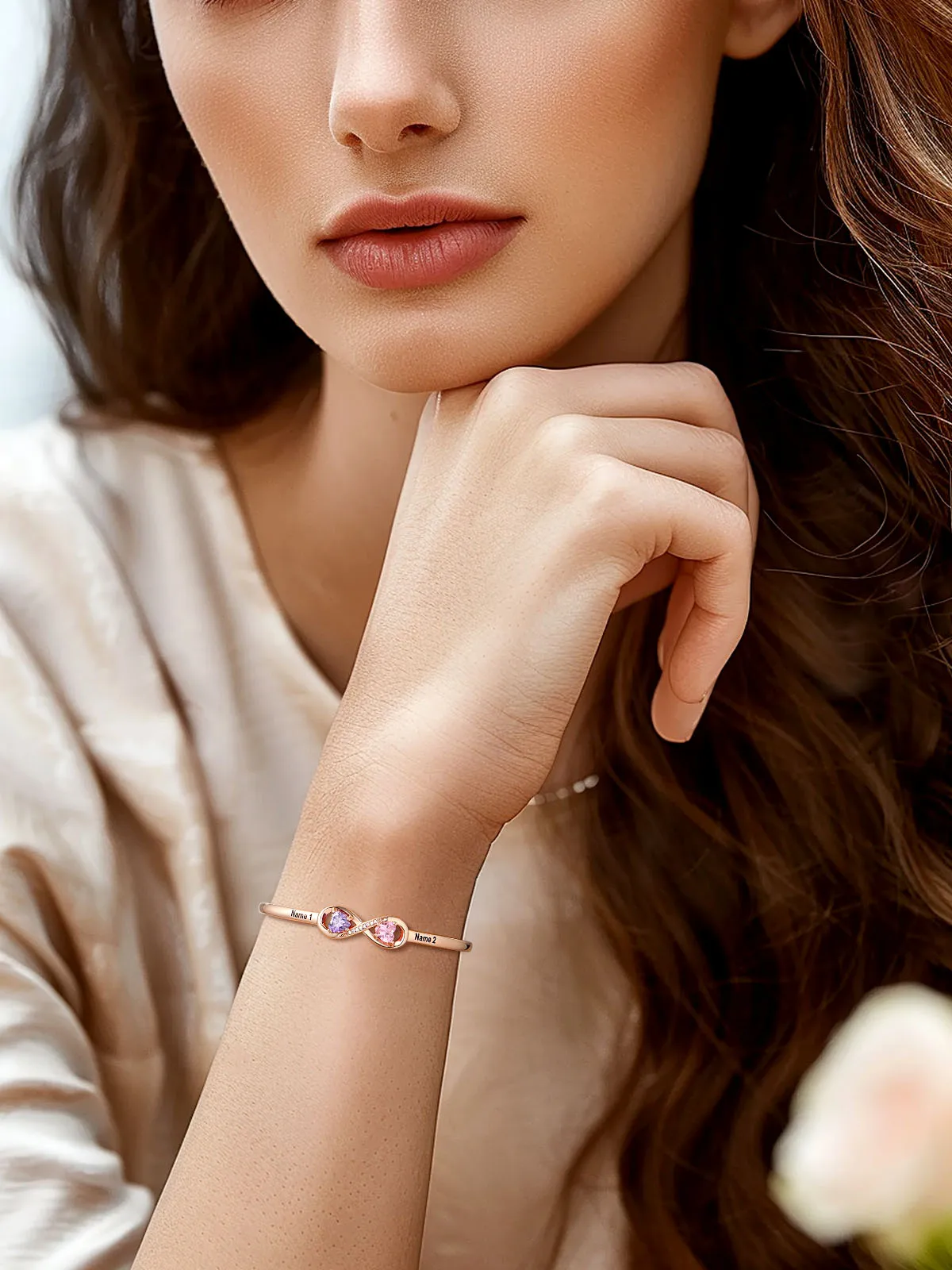 U7 Custom 2pcs Birthstones Cuff Bangle Heart Knot Infinity Open Bangle for Woman Name Text Engraved Wedding Jewelry Gift for Her