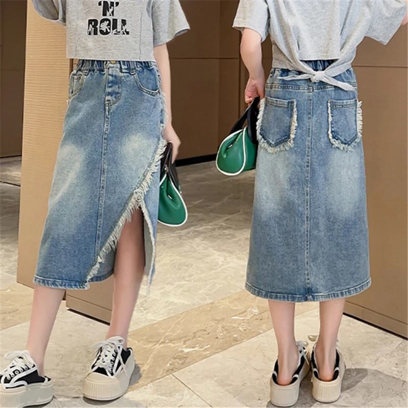 

Street Style Teenager Children Asymmetrical Long Denim Skirt with Raw Hem for Kids Girls Irregular Jeans Skirt Age 5-14 Year Old