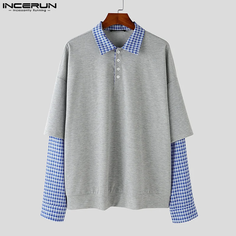 Incerun Heren Casual Tops 2024 Nep Twee Stukken Shirt Met Lange Mouwen Traliewerk Gesplitst Revers Heren Tees Koreaanse Mode Losse Streetwear