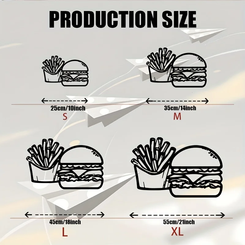 2D Flat - One Piece of 2D Flat Metal Wall Art Featuring a Burger And Fries, Designed in a Fast Food Diner Style.