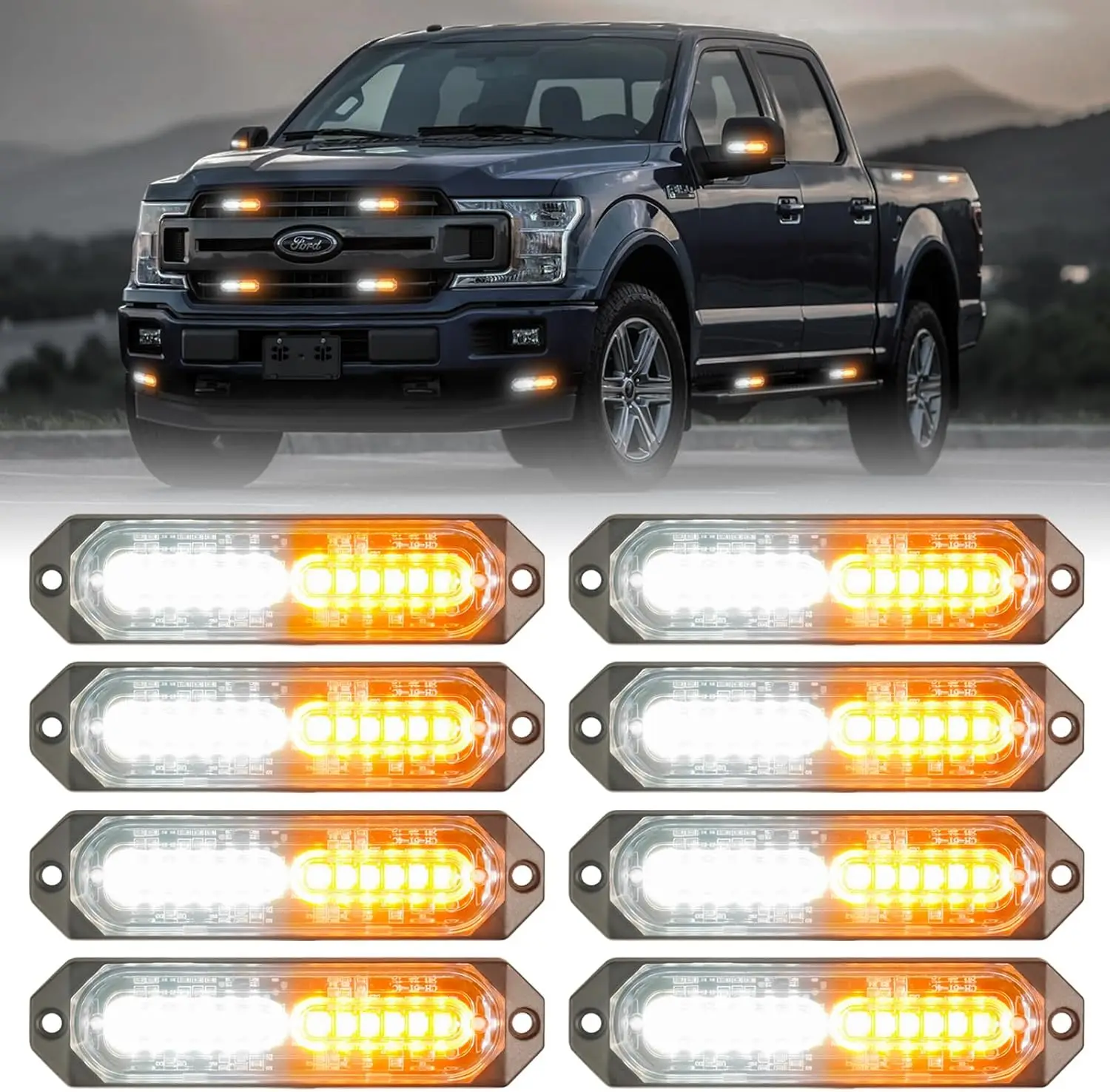 

12 LED Sync Emergency Strobe Grille Lights - Amber/White, Ultra Slim, Hazard Warning for Trucks & SUVs