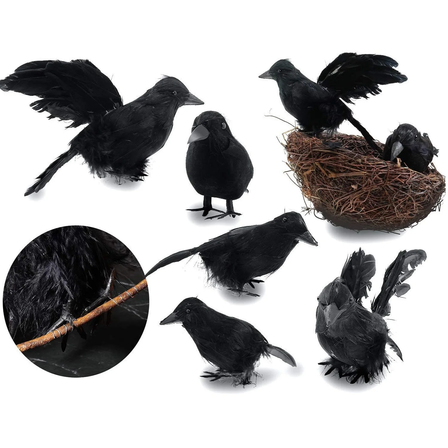 18cm Plastic Simulation Crow with Feather Wings Raven Model Halloween Party Decor Black Fake Bird Ravens Prop Garden Decoration