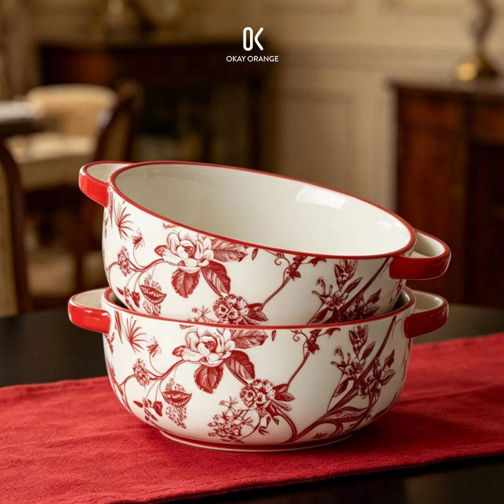 Vintage French Floral Ceramic Soup Bowl with Double Handles Red White Salad Baking Bowl Microwave Dishwasher Safe Tableware