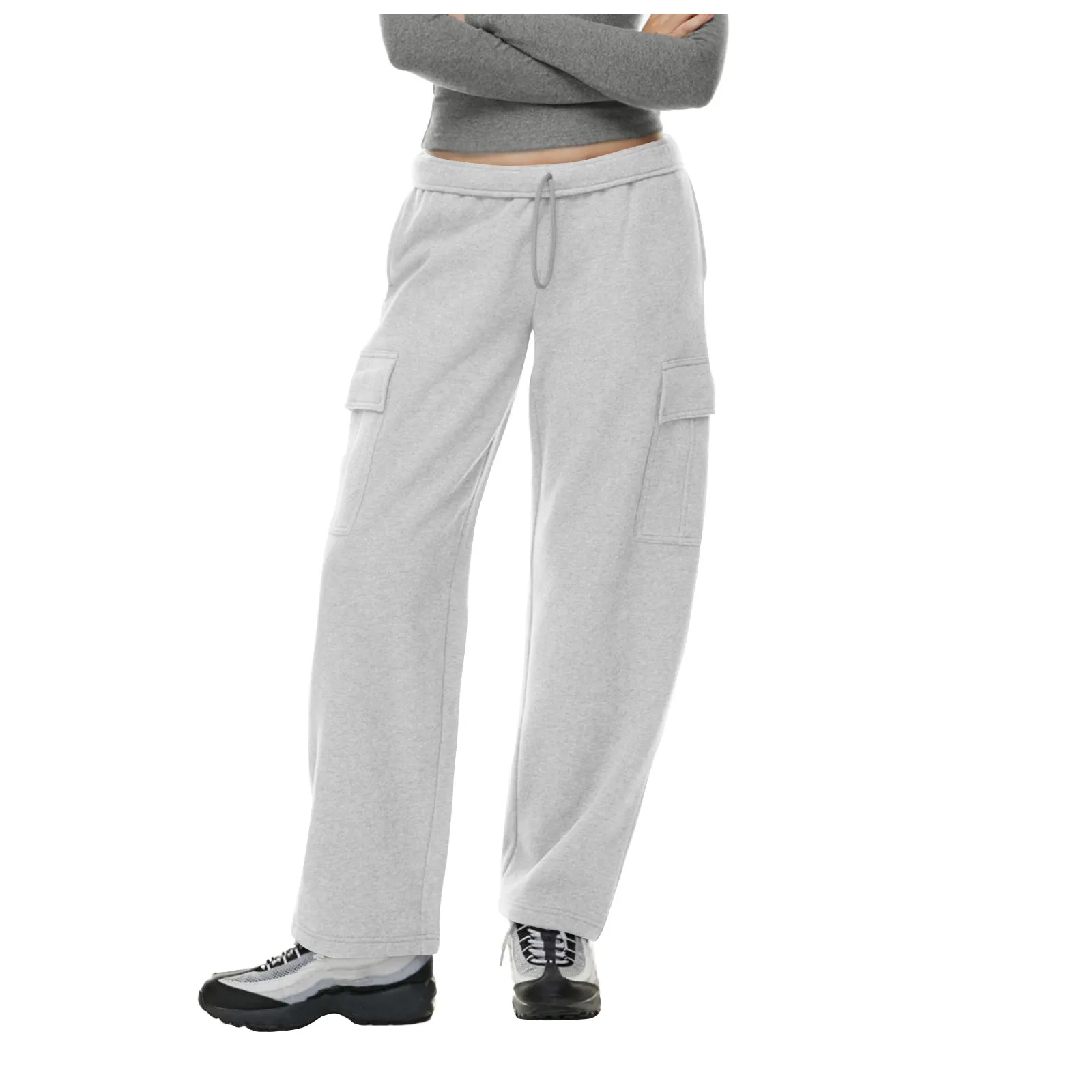 Women\'s Casual Straight Leg Pants Drawstring Elastic Waist Loose Long Trousers Sweatpants With Pockets Jogger Streetwear