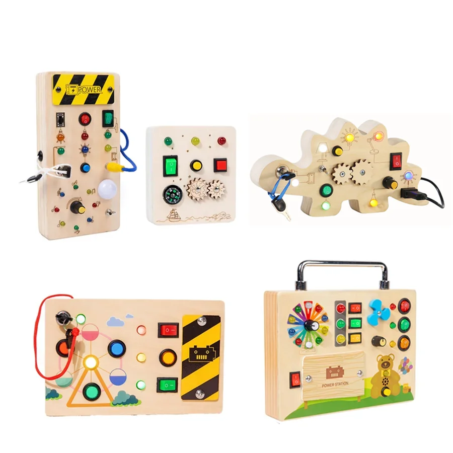 Светодиодная подсветка, деревянная электронная доска, переключатель для бизиборда, физические развивающие игрушки Монтессори для детей, игрушки для познания ежедневных навыков Светодиодная подсветка, деревянная электронная доска, переключатель для бизиборда, физические развивающие игрушки Монтессори для детей, игрушки для познания ежедневных навыков