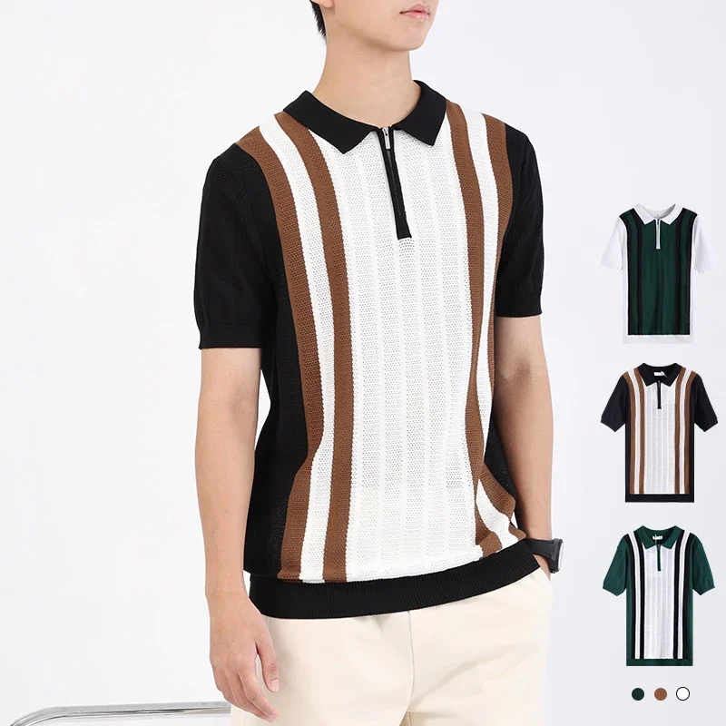 

Men's Fashion Knitted Polo Shirt 2025 New Casual Contrast Stripes T Shirt Men Slim Fit Short Sleeve Summer Man Wear