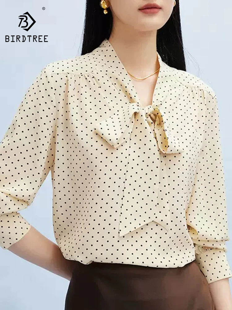 

BirdTree, 100%Mulberry Silk Elegant Shirts, Women Long Sleeve Dot Print, French Commute Sweet Blouses, 2024 Summer Fall T48361QC