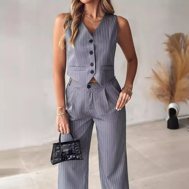 2pcs Clothes Set Spring Summer New Women\'s Clothing Striped Button Vest Wide Leg Trousers Suit