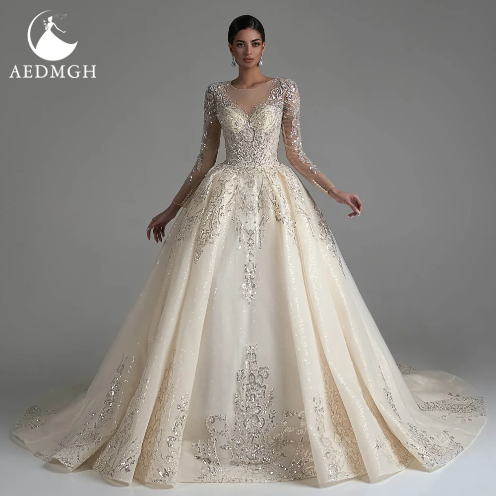 Aedmgh Baljurk Luxe Trouwjurken 2023 O-hals Lange Mouwen Vestido De Novia Lace Kralen Kapel Trein Glamorous Bruid Jurk