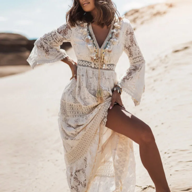 Elegante Flare Mouw Femme Solid Maxi Jurk Casual Vrouwen V-hals Patchwork Losse Jurk 2022 Zomer Kant Party Lange Jurk vestidos