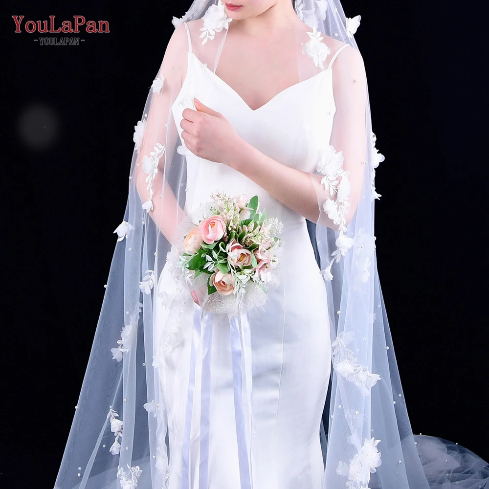 YouLaPan V52 Wedding Flower Veil Pearl Veil Girlfriend 3D Embroidery Tulle Veil Off White Married Veil Catholic Mantilla Veil