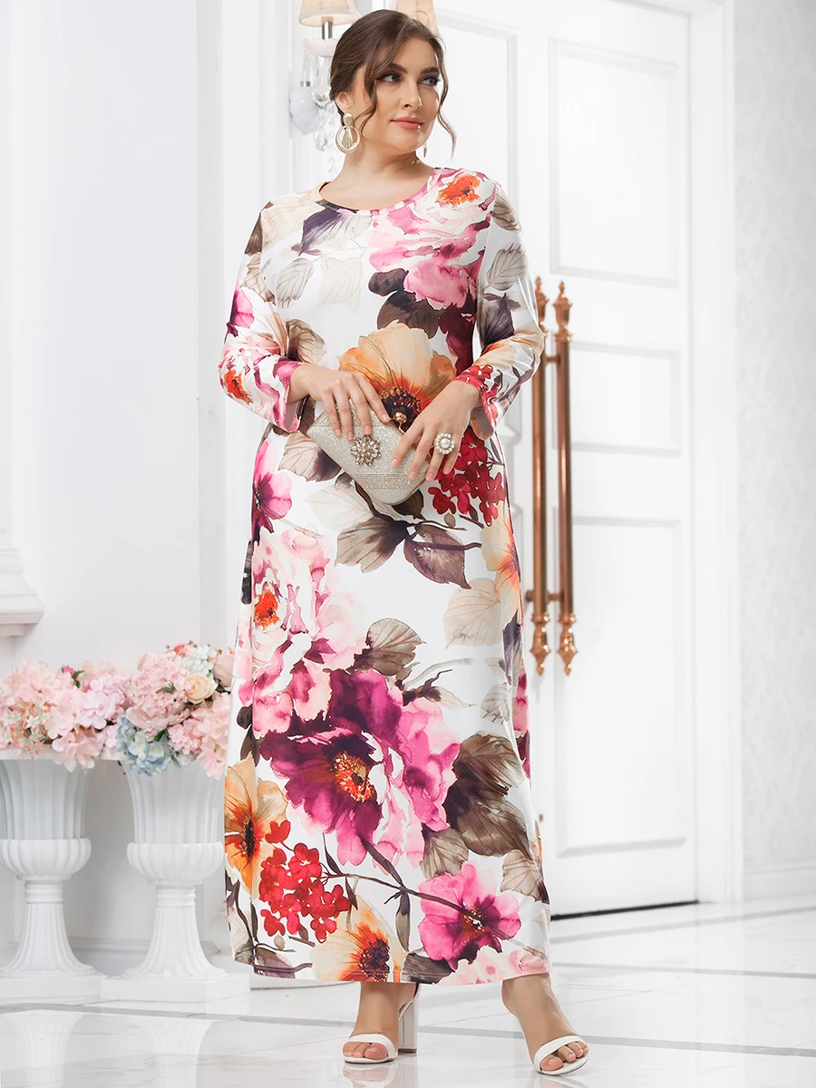 5XL Plus Size White Dress Woman Spring Autumn Long Sleeve Floral Print Casual Dress Curvy Size Maxi Long Dresses