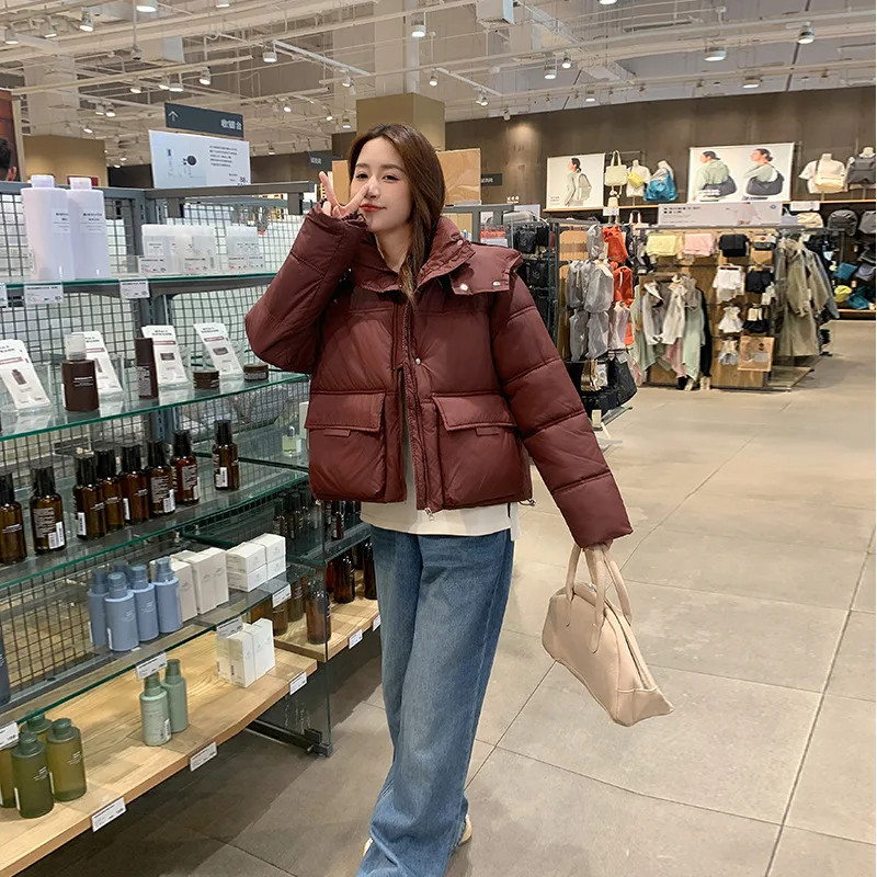 女性用ルーズコットンジャケットコート学生用冬用ピュアカラーフード付きダウンプルーフジッパー開閉式またはスレポリエステル繊維