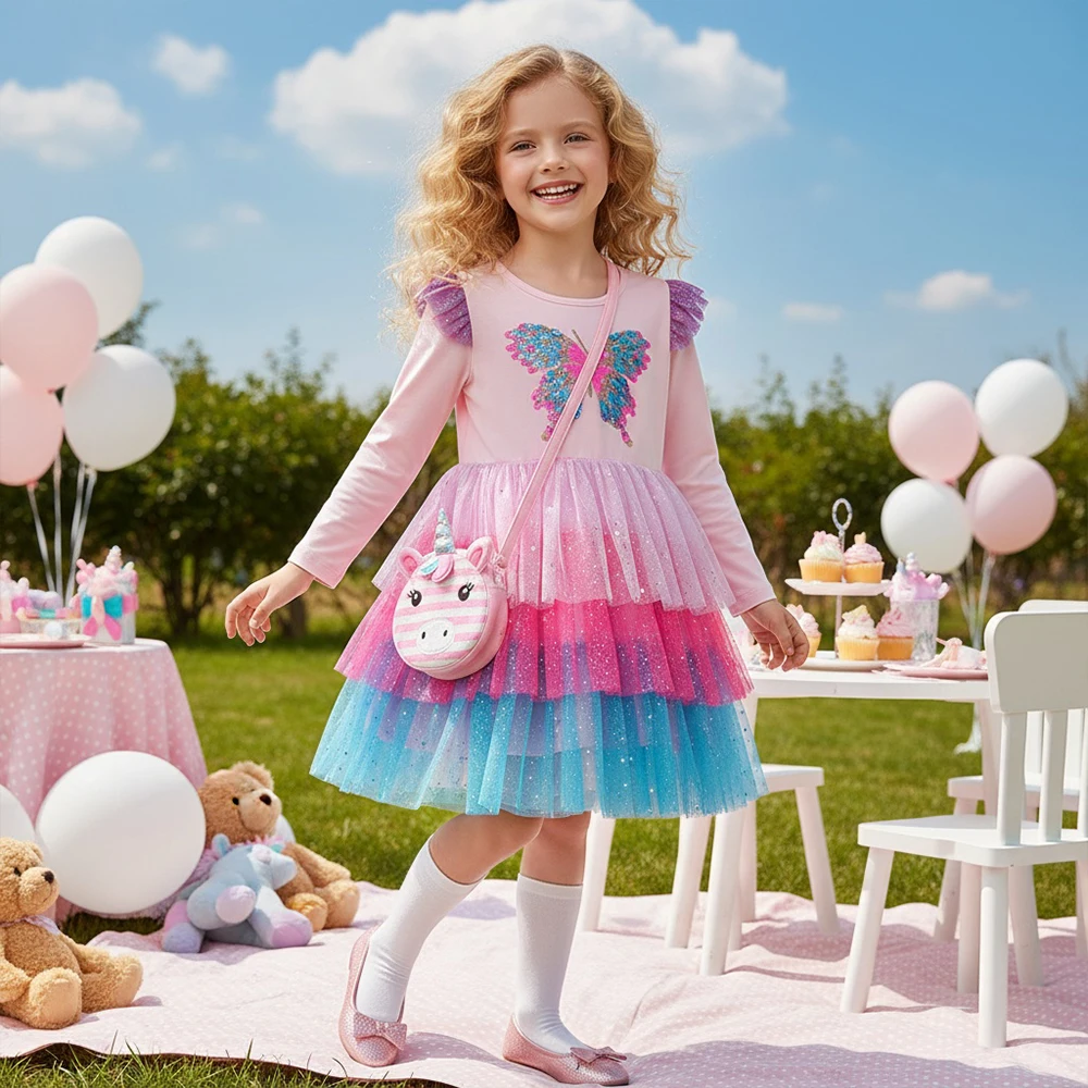 DXTON Children Vacation Outfits Sequined Butterfly Girls Princess Cake Dresses Mesh Layered Elegant Party Kids Girls Clothing