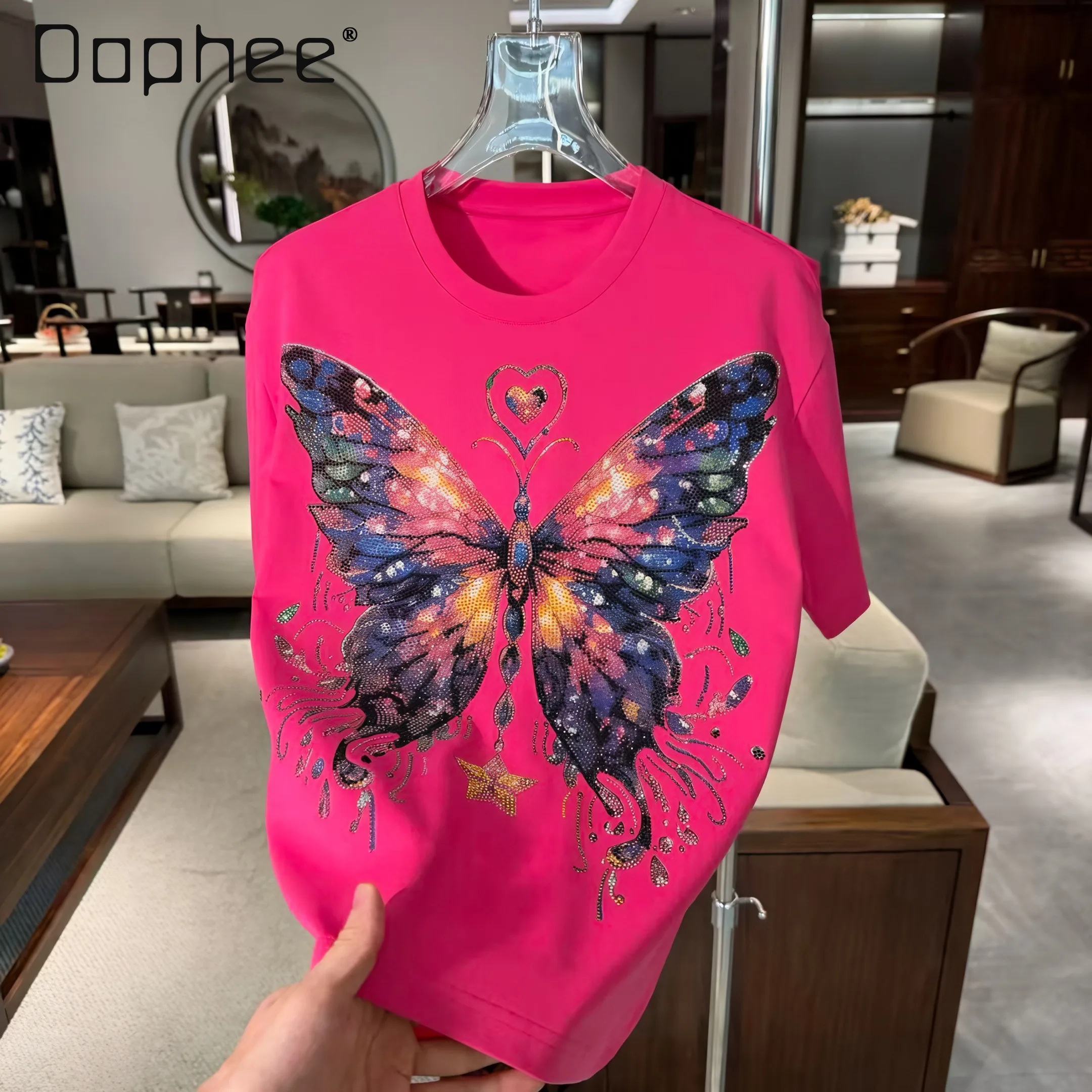 2026 Summer New Men's Colorful Butterfly Rhinestone Fashion Loose Casual Black White Pink Round Neck Short Sleeve T-Shirt