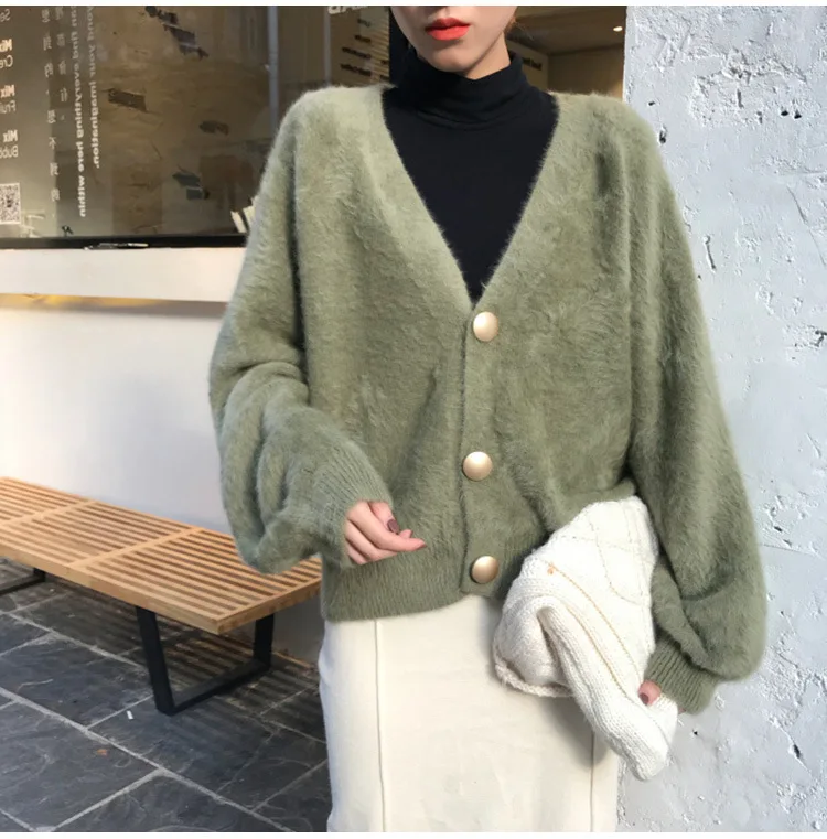 Imitation Mink Fur Coat 2023 New Autumn Short Style Lazy Wind Internet Famous Knitted Cardigan V-Neck Loose Top For Women