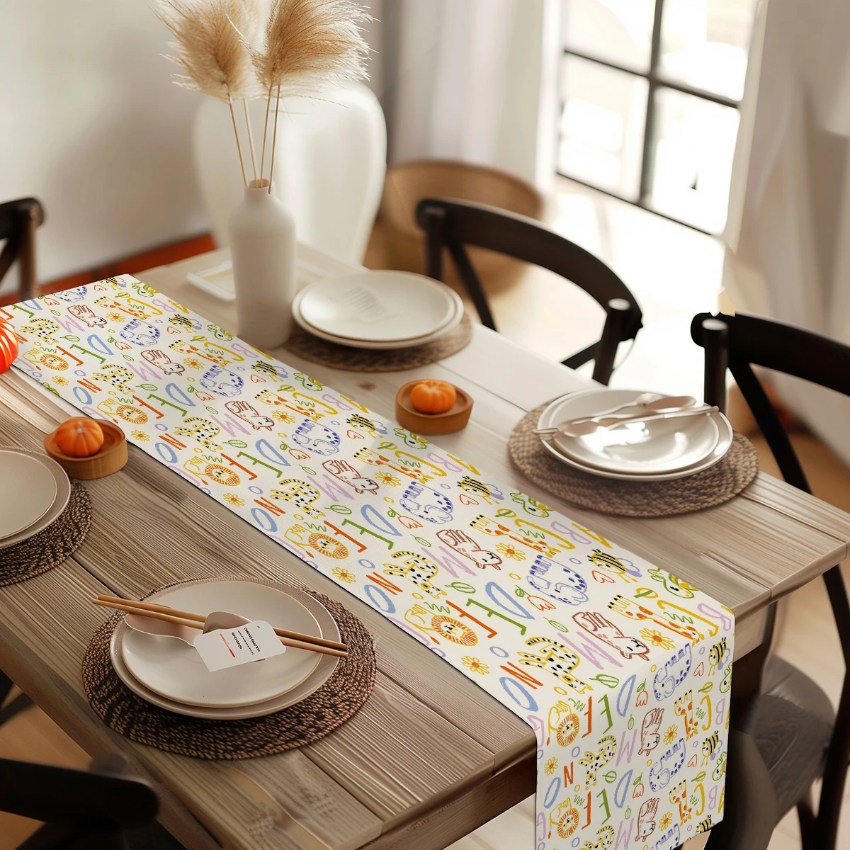 Cute Space Dinosaur Pattern Polyester Table Runner - Fun Table Decor for Kids' Dining Area, Home Party and Daily Use