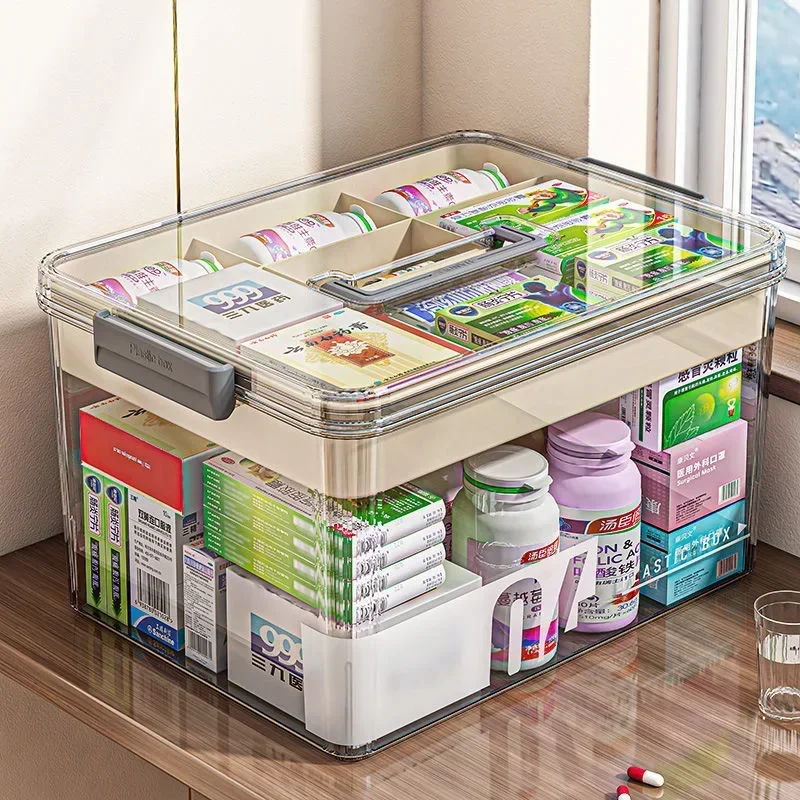 

Multi-Layer Home Medicine Box Large Capacity Medical Storage Case Transparent Design for First Aid and Medication Organization