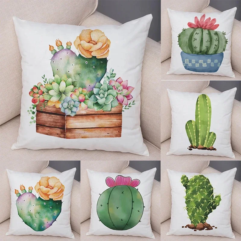 Watercolor Cactus Pillow Case Decor Print Green Plant Cushion Cover for Sofa Home Super Soft Peach Skin Pillowcase 45*45cm