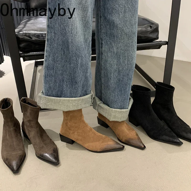 Designer Vintage Women Chelsea Boots Fashion Pointed Toe Short Booties Ladies Elegant Low Heel Shoes Botas Mujer