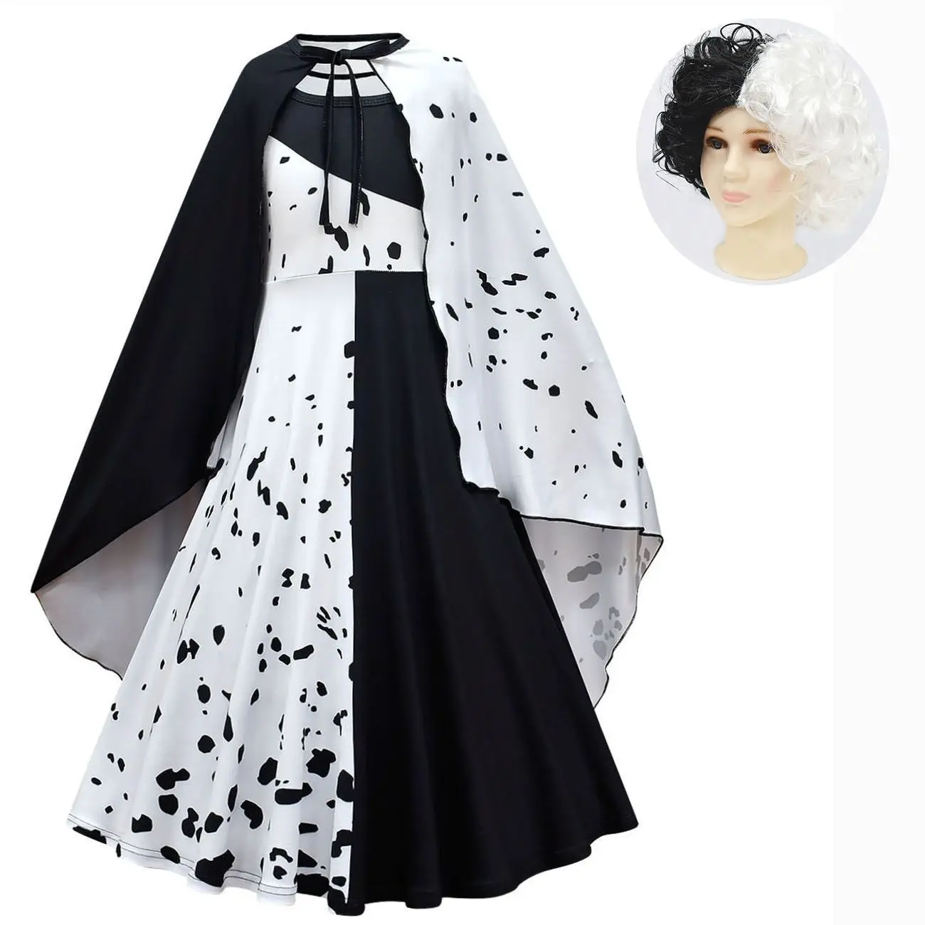 

Cruella Girls Cosplay Costume Vintage Long Sleeve Dress Cloak Wig Suit Children Halloween Carnival Masquerade Party Costumes