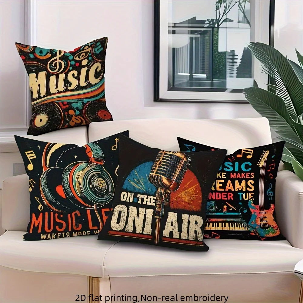 

4-Pack Vintage Music Pillow Covers, Retro Vinyl Record & Instrument Print Decorative Cushion Cases for Cafe and Home Sofa Decor