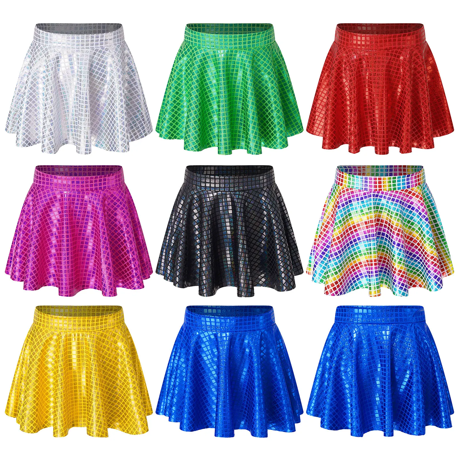 Women Shiny Sequins Skirt Cheerleading Dance Elastic Waist Ruffle Skirts for Carnival Festive Musical Show Stage Performance