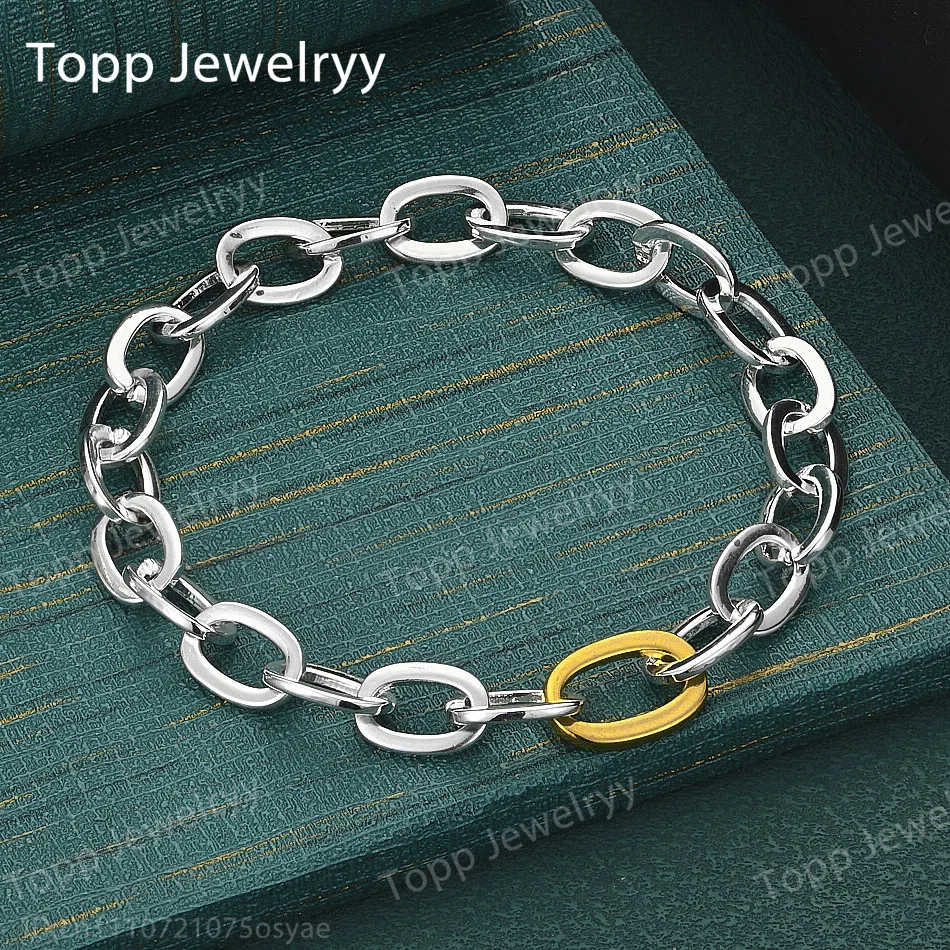 925 Sterling Silver Simple Gold and Silver Oval Bracelet, Fashionable Women's Party Gift, Wedding Jewelry
