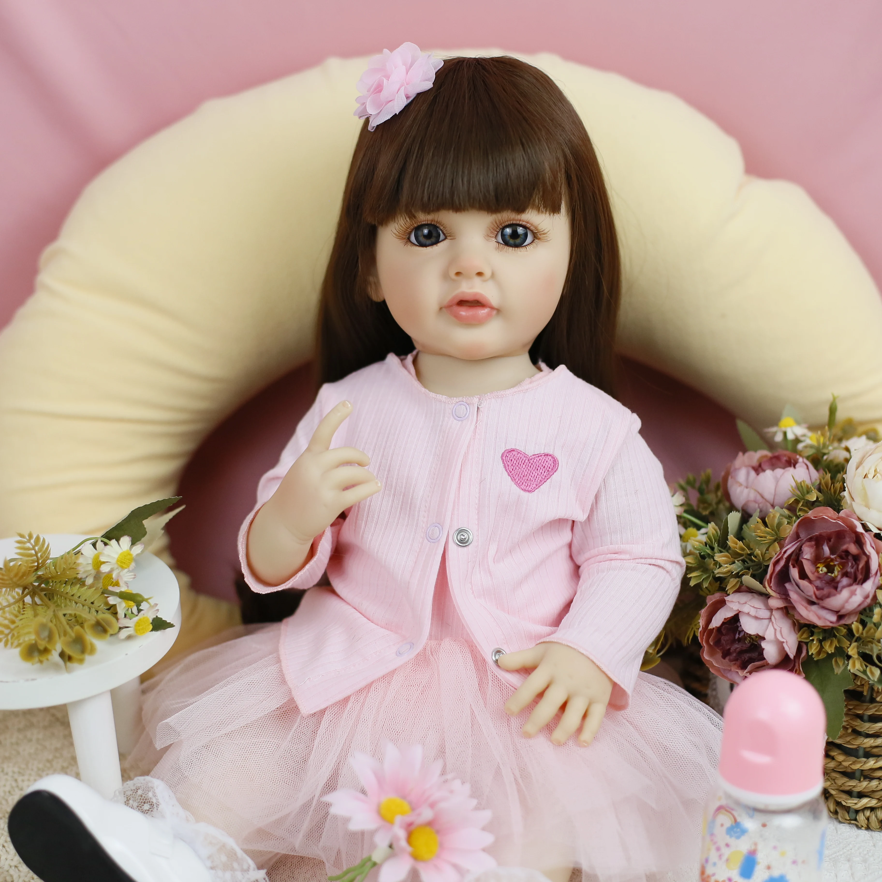 

55cm 22inch DUDU Realistic Princess Doll with Long Brown Hair Reborn Youngsters Doll Full Body Soft Silicone Bebe Doll Set Gifts