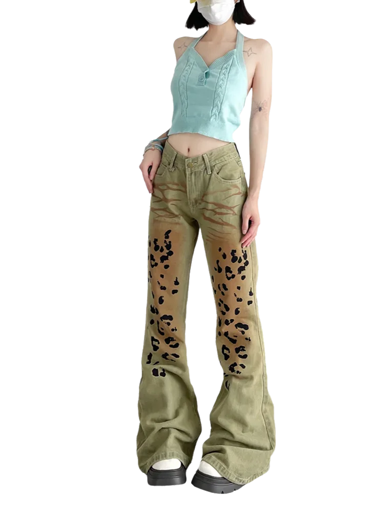 Fashion Slim High Waist Woman Jeans Casual Worn Leopard Pattern Straight Pants Female Chic Y2k American High Street Women Jeans