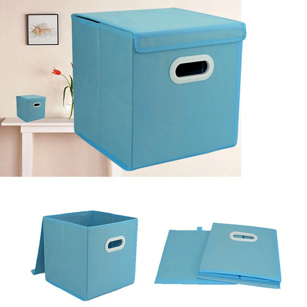 

Cloth Storage Bin Folding Non-Woven Fabric Storage Box Laundry Books Plastic Handle Organizer Basket Blue