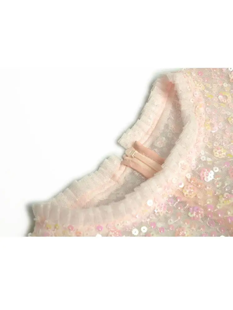 Abito in rete da donna 2025 Paillettes color primaverile Increspato Puffato Orlo grande Prospettiva Abiti lunghi da donna di design stile principessa