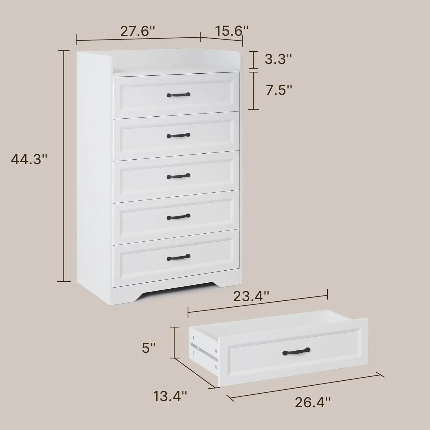 White Dresser for Bedroom, Hallway, and Living Room with Large Storage, Smooth Rail, Handles, and Anti-tilt Device