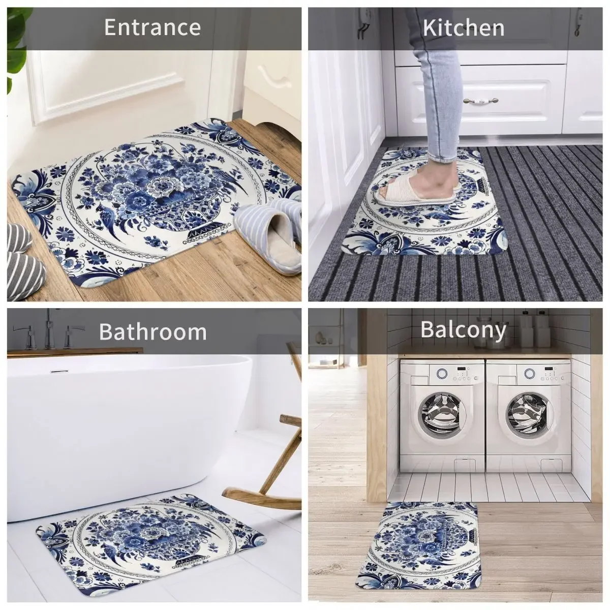 Bathroom Mat Royal Delft Blue Flower Basket Doormat Kitchen Carpet Outdoor Rug Home Decor