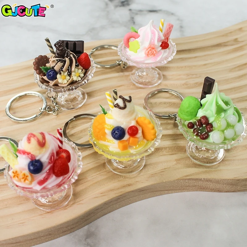 Simulation Ice Cream Keychain Creative Food Key Chains For Women Cute Imitation Sundae Dessert Cup Bag Pendants Key Ring Gift