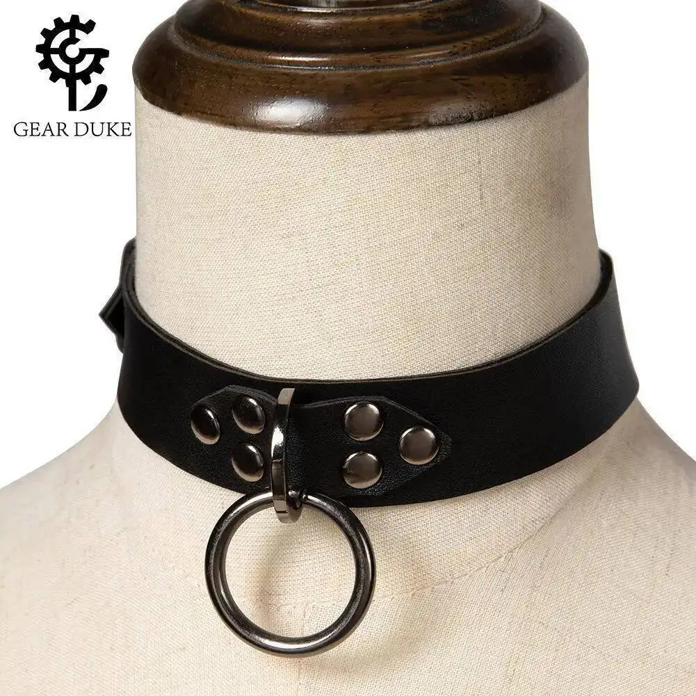 

Halloween Stage Performance Gothic Black Leather Round Choker Necklace Collar Neckband Handmade Punk Chunky Necklace