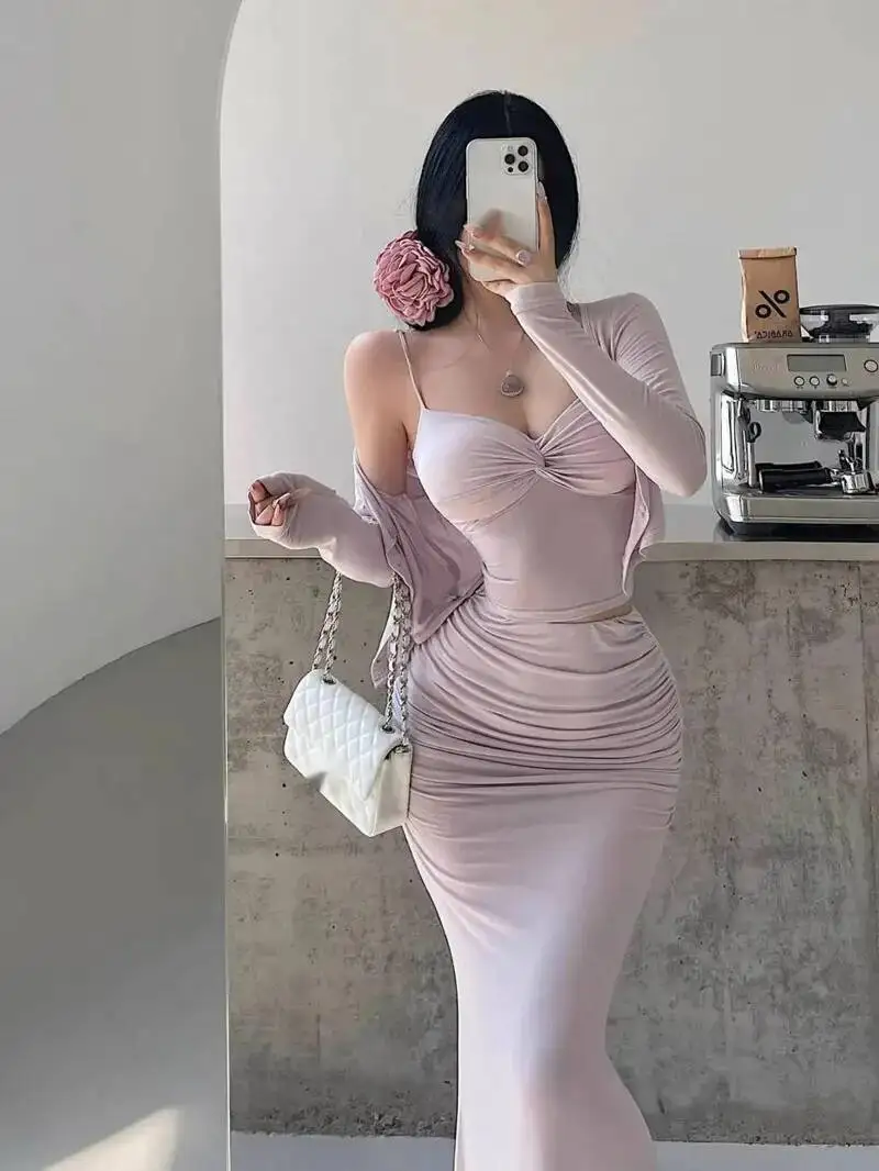 Pure Desire Camisole Long Sleeve Cardigan Ruched Back Split Mermaid Bodycon Skirt Set Fashion Sexy Women Set 2025 New MHK9