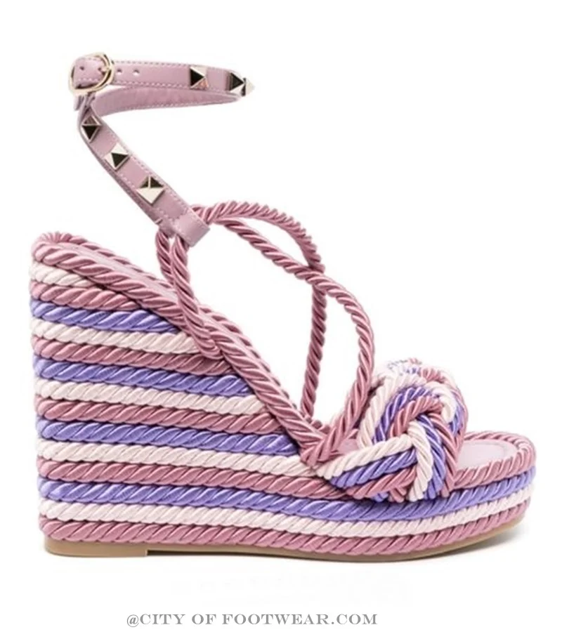 Rockstud Braided Wedge Sandals Rainbow Rope Ankle Straps High Heels Pumps 2023 New Designer Summer Elegant Shoes for Women