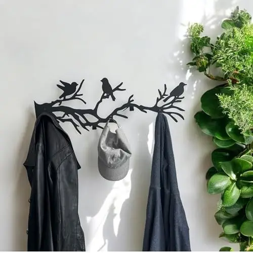 Decorative Bird Tree Branch Wall Mounted Coat Rack, Metal Art Hanger for Coats, Hats, and Scarves, Unique Wall Decor