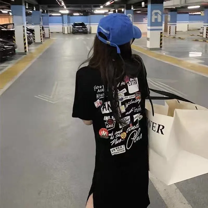 Jupe T-shirt ample mi-longue avec fente ort Sve, Design coréen Sle, vêtements d'extérieur d'été pour femmes, Faion décontracté Dr