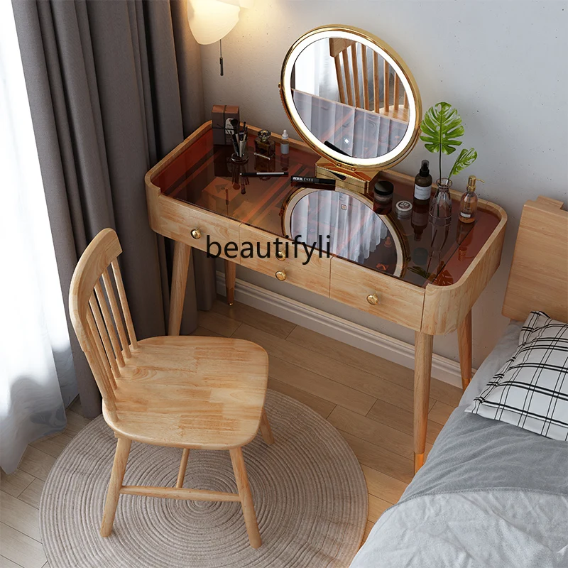 Solid Wood Light Luxury Bedroom Dressing Table Tempered Glass Countertop Small Apartment Storage Cabinet Integrated