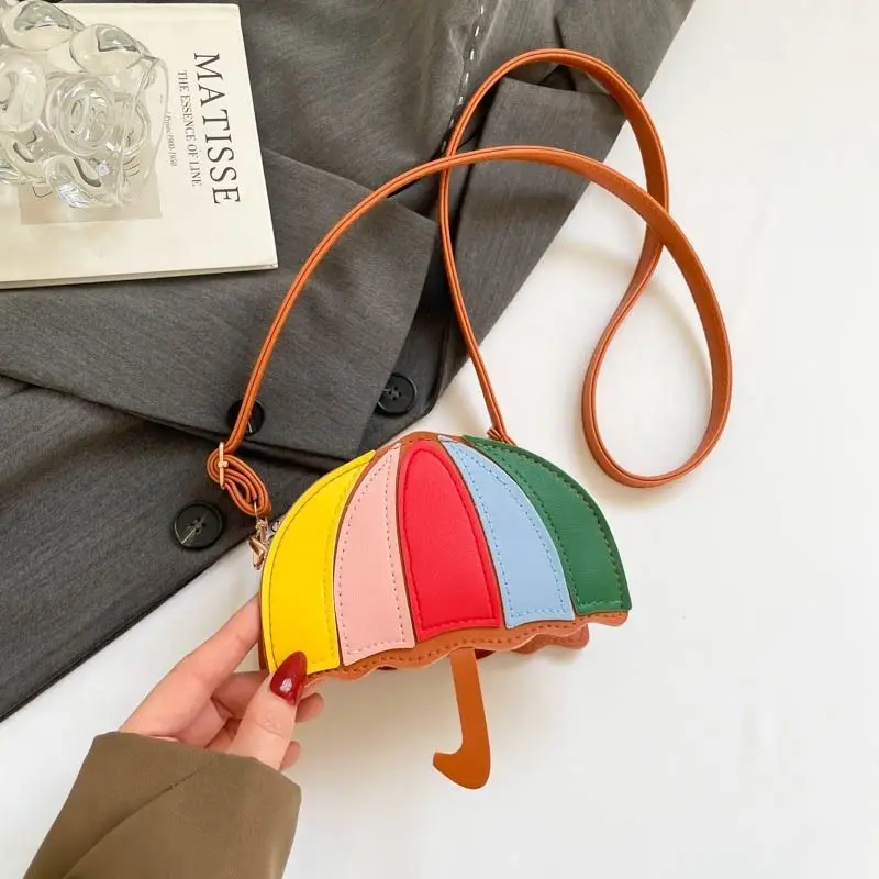White Black Brown Khaki Cute Rainbow Umbrella Shape Mini Crossbody Bag PU Leather Cute Colorful Novelty Shoulder Purse for girls