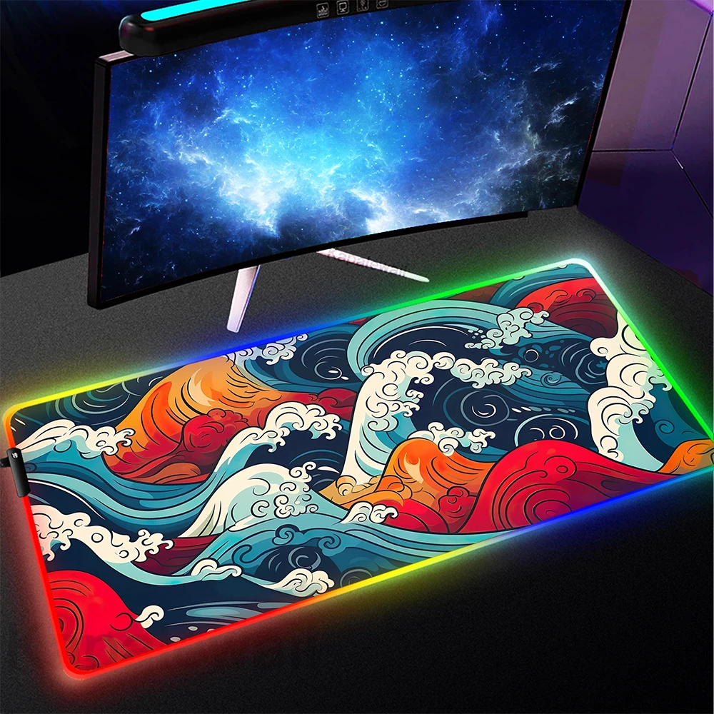 Gaming RGB Mouse Pad LED Light Mousepad Japanese Great Wave Off Keyboard Pads Backlit Game Table Carpet Mous Mat Gamer Mousepads