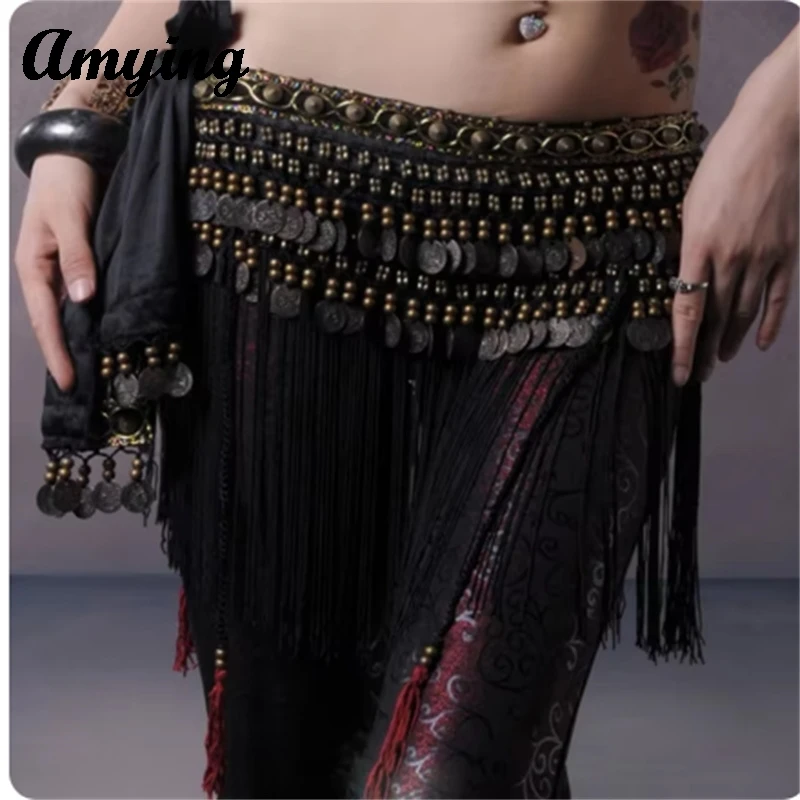 

Women Belly Dance Coin Belt Hip Scarf Costume Sexy Long Tassel Belt Skirt Carnival Party Performance Practice Waist Scarf