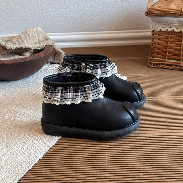Knitted Ruffled Bordered Girl Short Boots 2026 Spring Autumn Platform Boots for Kids Girls Princess Wedding Party Shoes